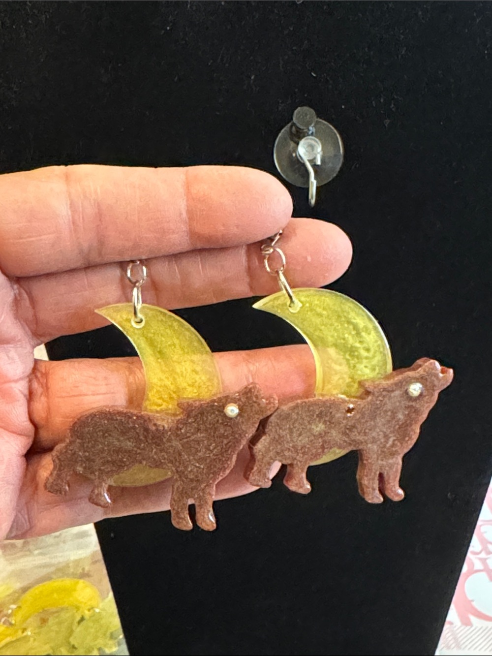 Handmade Brown Wolf & Yellow Moon Earrings